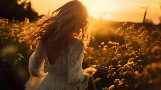 AI generated illustration of a young woman walking in a field of flowers at golden hour