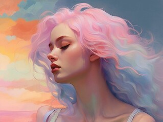 Fototapeta premium AI generated illustration of a young woman with pink hair