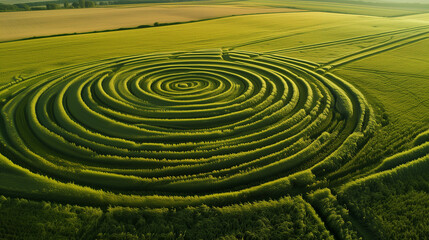 Fototapeta na wymiar Aerial View of Intricate Crop Circles in Wheat Field - Mysterious Geometric Patterns from Above, Agriculture Beauty and Alien Concept