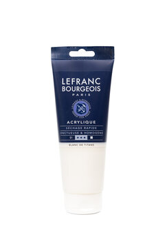 Lefranc Bourgeois acrylique blanc de titane paint tube. Fine Acrylic Paint :Latvia, Talsi, february 5, 2024