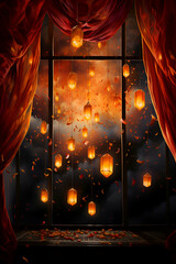 Burning red curtains in the dark room. 3D rendering.