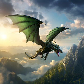 Fantasy dragon flying above the clouds. 3D render illustration.