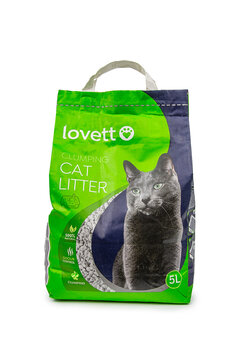 lovett clumping cat litter 5l paper bag isolated on white background :Latvia, Talsi, february 5, 2024