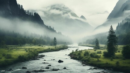 AI generated illustration of a river flowing through a green valley on a foggy day