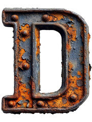 Letter D made of rusty metal in grunge style isolated on the white background.