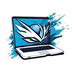 AI generated illustration of a laptop computer with blue paint splashes and a feathered logo