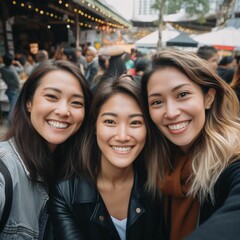 three asian women taking a selfie together on the street