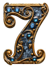 Golden number seven decorated with sapphires isolated on white.