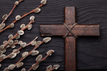 Easter wooden cross with fresh willow