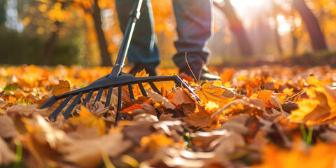 Autumn Leaf Cleanup in Warm Light. Person raking fall leaves in sunlit yard with a fan rake.