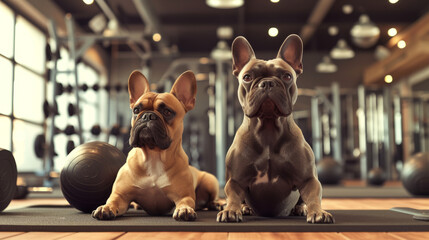Two dogs at the gym. Two dogs durig dog fitness trainig. Gymnastics accessories. Fitness equipment....