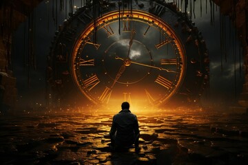 AI generated illustration of a silhouetted adult male figure beneath an old-fashioned clock - obrazy, fototapety, plakaty