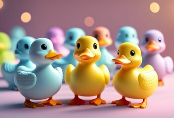Fototapeta premium Three rubber duck toys lined up in a row, fAI-generated.