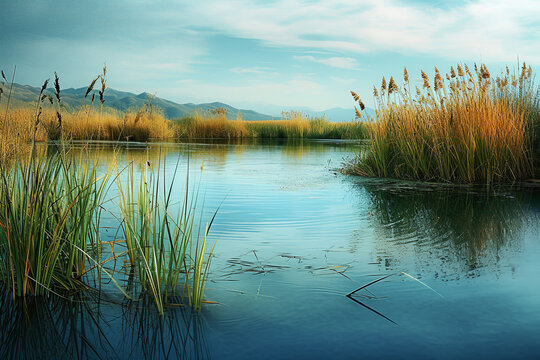 Autumn landscape with pond and reeds on background of hills and blue sky