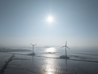 Wind turbine generating electricity created on the sea
