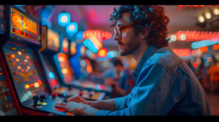 An immersive photograph featuring a gamer enjoying a modern video game with a design reminiscent of classic arcade games, capturing the essence of gaming nostalgia.