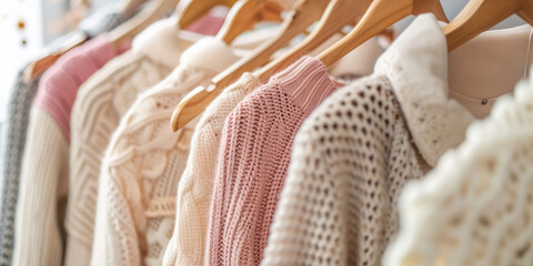 Fototapeta na wymiar Chic Textured Sweaters Lineup. Close-up of assorted cozy female knit sweaters handing on a rack. Neutral colors palette, basic closet.
