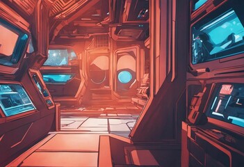 Obraz premium AI generated illustration of a spaceship flying in outer space with digital screens