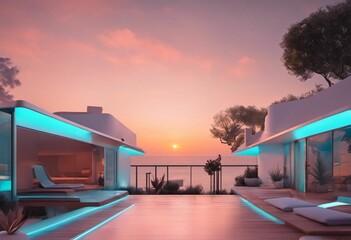 AI generated illustration of an outdoor lounge on a wooden deck, illuminated with warm sunlight