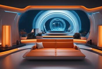 AI generated illustration of a living room illuminated by warm orange lighting