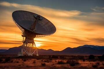 Radio dish silhouetted against a stunning sunset in a desert landscape, ai-generated