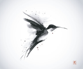 Ink wash painting of hummingbird in flight. Traditional oriental ink painting sumi-e, u-sin, go-hua. Hieroglyph - grace. © elinacious