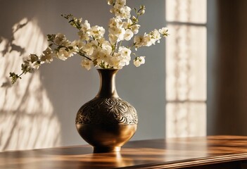 Fototapeta premium AI generated illustration of a cluster of flowers in a vintage metallic vase on a wooden table