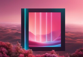 AI generated illustration of a neon illuminated screen against a backdrop of dusty pink mountains