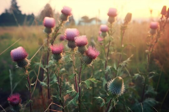 Collection of thistles growing in a lush, verdant field, ai-generated