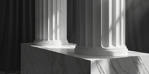 Classic Marble Pillar Architecture. Marble pillars in a neoclassical architecture style bask in sunlight. Minimal style outdoor composition. - obrazy, fototapety, plakaty