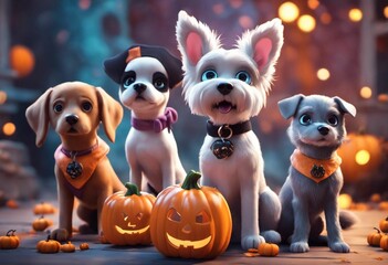 Obraz premium AI generated illustration of adorable dogs surrounded by Halloween carved pumpkins outdoors
