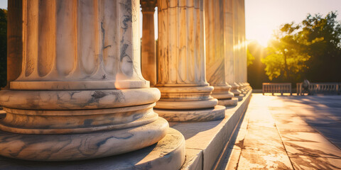 Classic Marble Pillar Architecture. Marble pillars in a neoclassical architecture style bask in sunlight. Minimal style outdoor composition. - obrazy, fototapety, plakaty