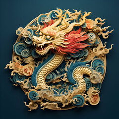 Chinese dragon paper cut style on red background. 3D illustration.