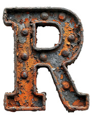 Letter R made of rusty metal in grunge style isolated on the white background.