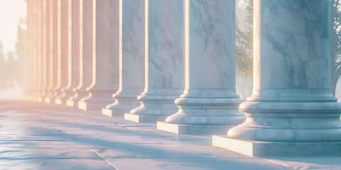 Classic Marble Pillar Architecture. Marble pillars in a neoclassical architecture style bask in sunlight. Minimal style outdoor composition.