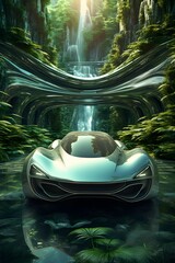 AI generated illustration of a sleek, modern vehicle parked in front of a cascading waterfall