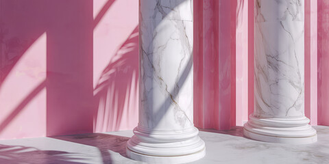 Classic Marble Pillar Architecture. Marble pillars in a neoclassical architecture style bask in sunlight. Minimal style outdoor composition.