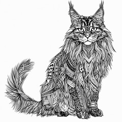 Sketch of a cat with a pattern on a white background. Coloring page.