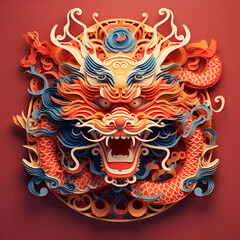 Chinese dragon head on red background. 3d illustration. 3d rendering