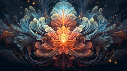 AI generated illustration of a vivid and vibrant abstract floral pattern in hues of orange and blue