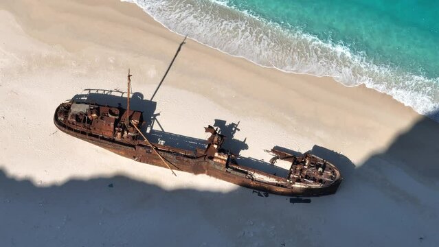 Aerial drone view of Navagio beach on Zakynthos island, Greece. Shipwreck on the beach in Zakynthos island, Greece. Shipwreck Beach or Agios Georgios. is exposed cove in the Ionian Islands of Greece.