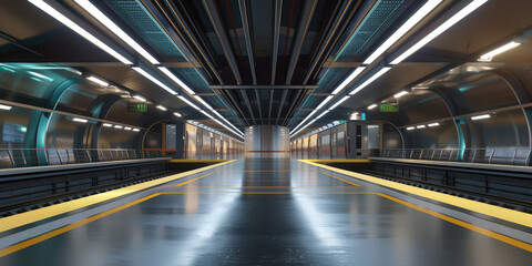 Fototapeta na wymiar Deserted Subway Platform background. Empty modern subway station with columns, nobody.
