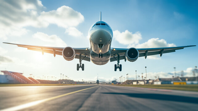 Airplane taking off from the airport. Travel background. Passenger airliner. Commercial aircraft.
