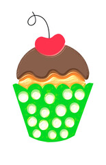 Dessert dipped in chocolate and with a cherry on top. Illustration of a cake on a white background, in colorful colors.