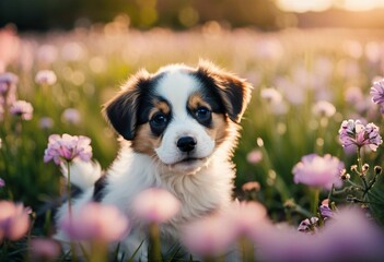 a small brown and white dog surrounded by purple flowers in a field