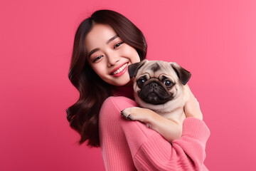 Beauty Asian young woman holding dog pug breed on her arm smile and happiness,Owner hug her cute pet dog with love on pink background. Generative ai. 
 W004