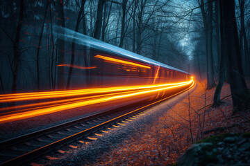 Obraz premium Train in motion in night leaving a light trail. Long exposure. Background image. Created with Generative AI technology