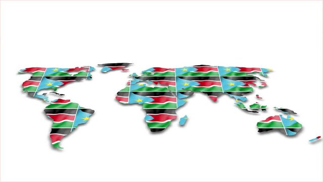 South Sudan flag wave 3d earth map animation white background