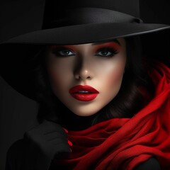 An AI illustration of the woman is wearing a hat and red scarf and posing for a picture