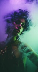 Fototapeta premium An AI illustration of the woman is making a smoke sign in the dark light